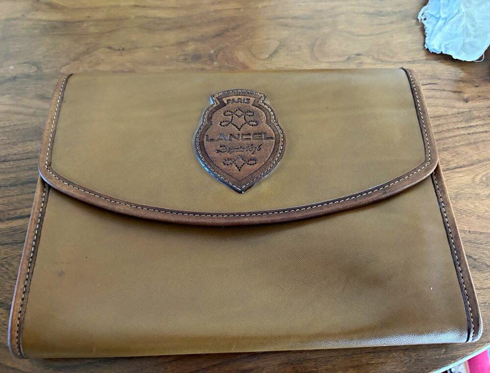 Vintage Lancel Paris Cognac Leather Envelope Clutch Made in Italy Crest Bag